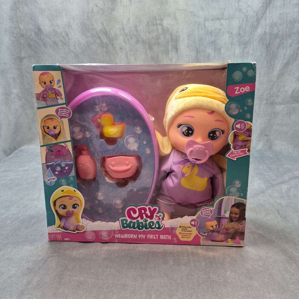 Cry Babies Newborn My First Bath Zoe Interactive Baby Doll 6pc Set 20+ sounds
